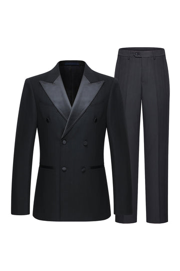2 Piece Peak Lapel Double Breasted Black Men's Party Suits